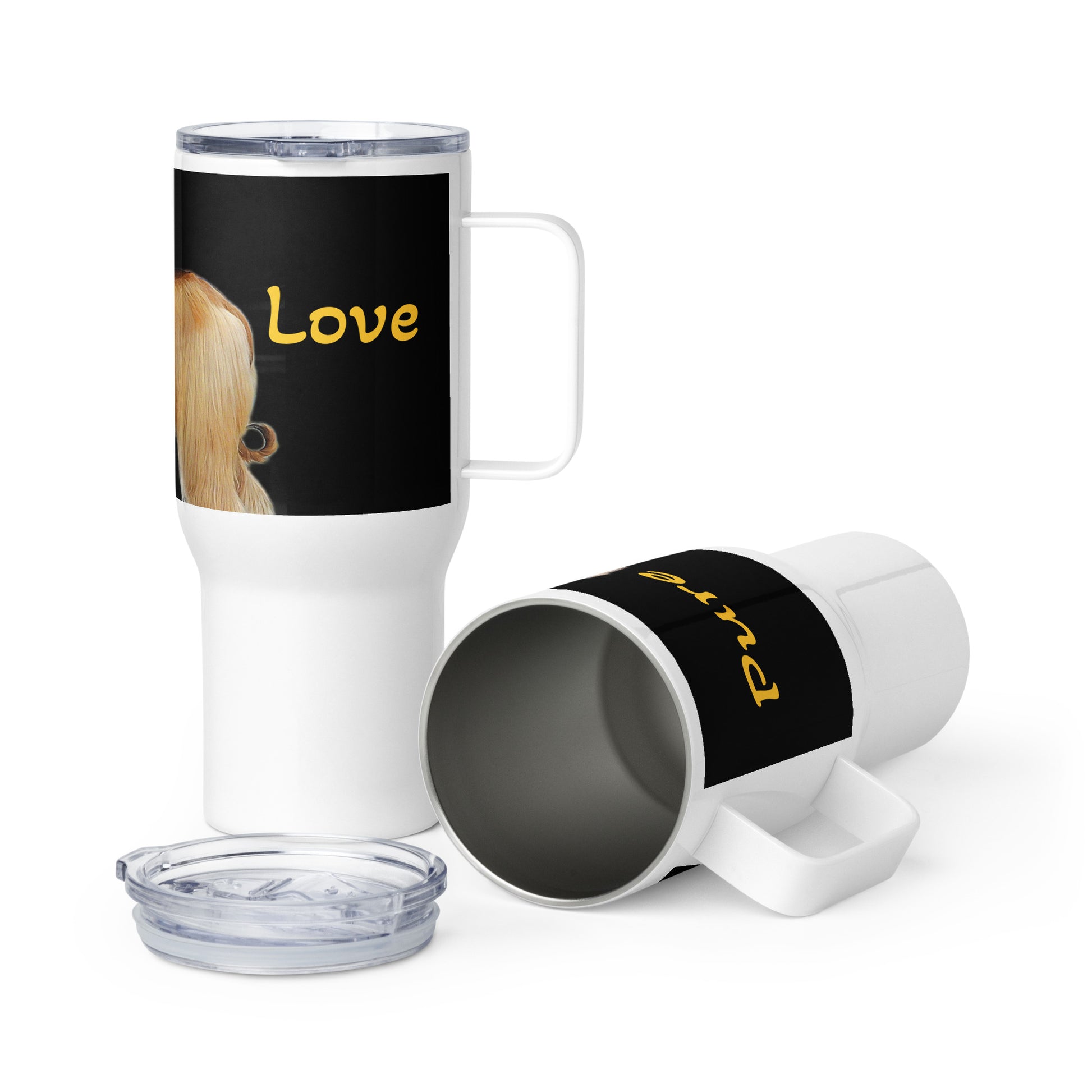 Long-Hair Dog, Wording 'Pure Love" on Travel Mug with a Handle in White